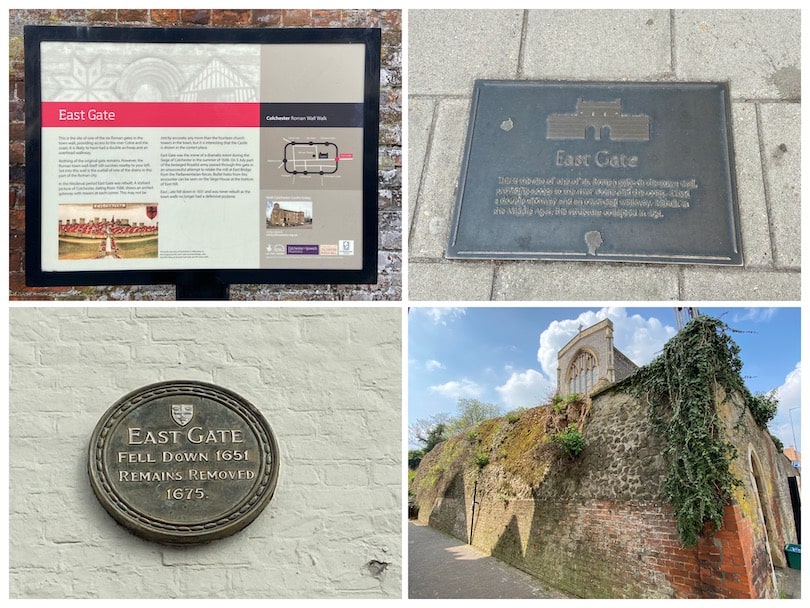 A montage of the three East Gate plaques and small nearby section of the Roman Wall